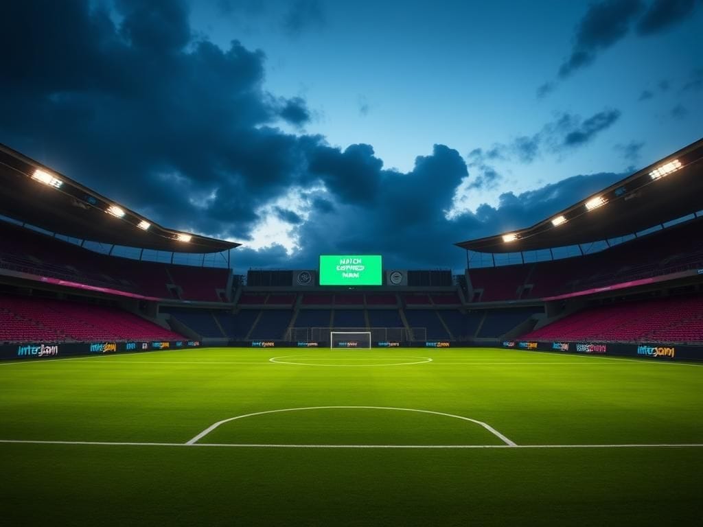 Flick International Dramatic empty soccer stadium at twilight representing the absence of players