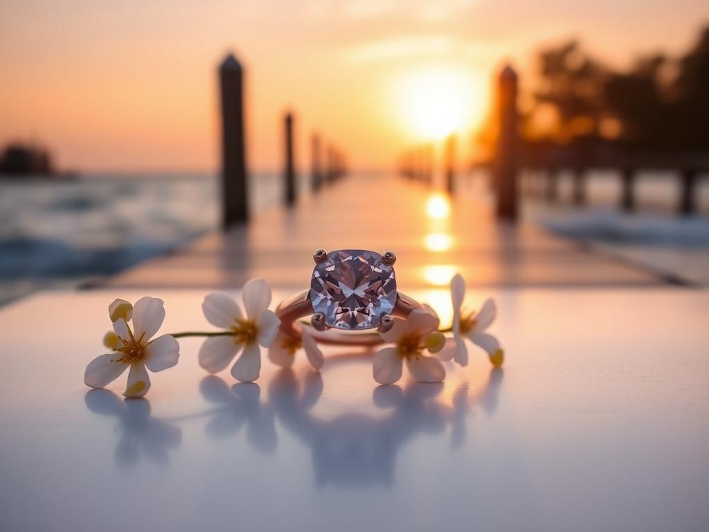 Flick International Stunning pink diamond engagement ring with white flowers at sunset