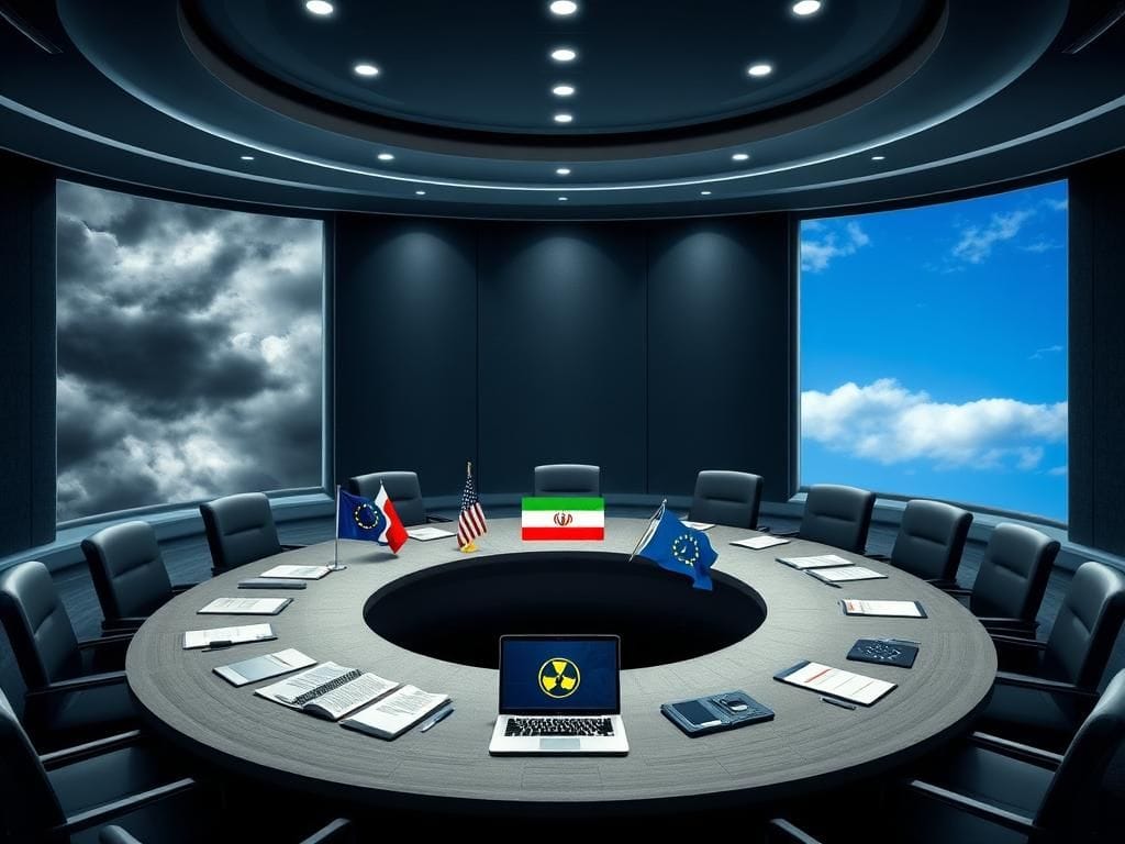 Flick International A modern conference room set for urgent discussions on Iran's nuclear program