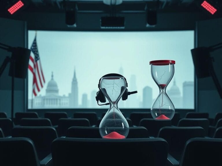 Flick International A dimly lit podcast studio setup with an empty chair and microphone