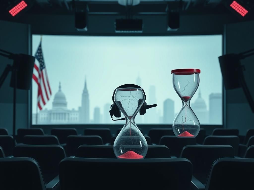 Flick International A dimly lit podcast studio setup with an empty chair and microphone