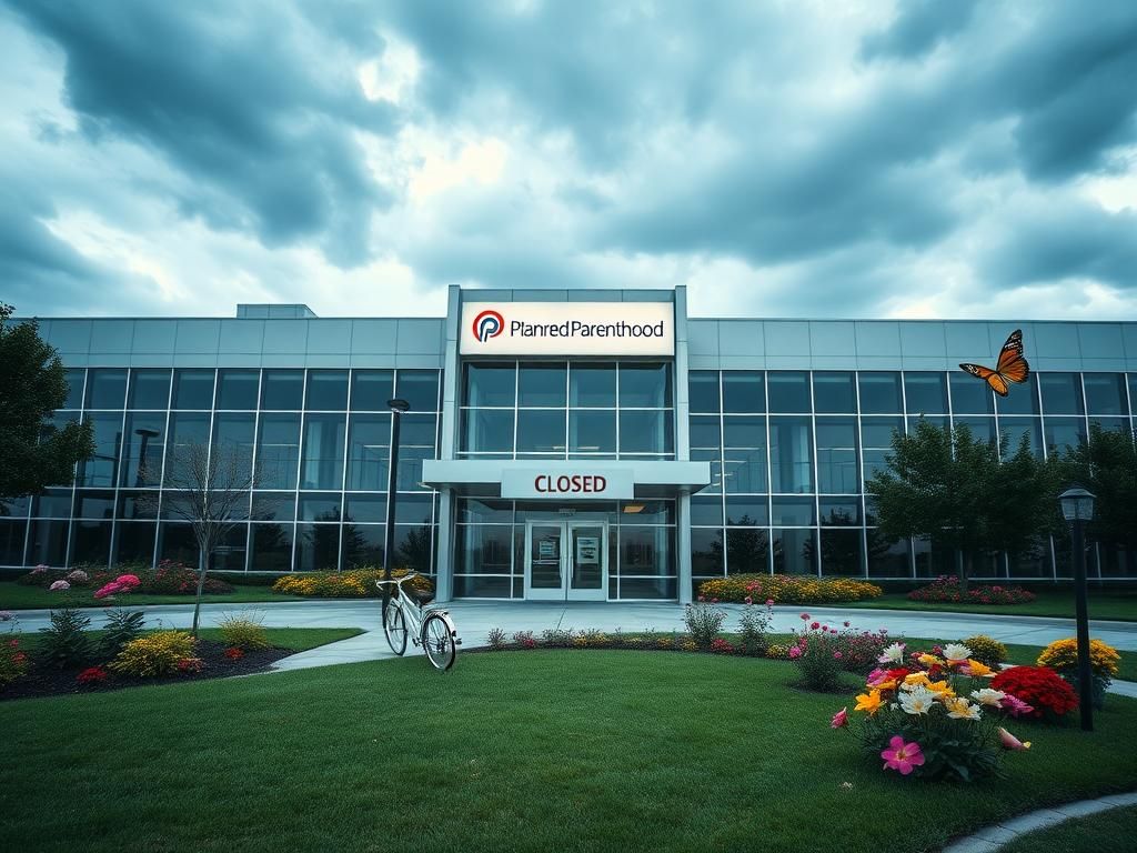 Flick International Empty Planned Parenthood facility in Houston with a 'Closed' notice and a garden of blooming flowers