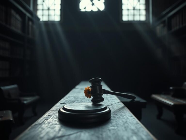 Flick International A gavel on a dusty wooden bench in an abandoned courtroom symbolizing justice