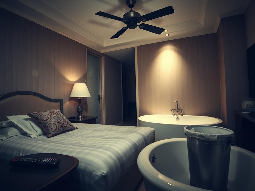 Flick International A decorative pillow, remote control, and ice bucket in a poorly maintained hotel room revealing hidden dirt.