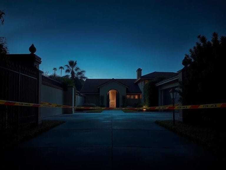 Flick International somber exterior of a luxurious suburban home in Encino, California with police tape