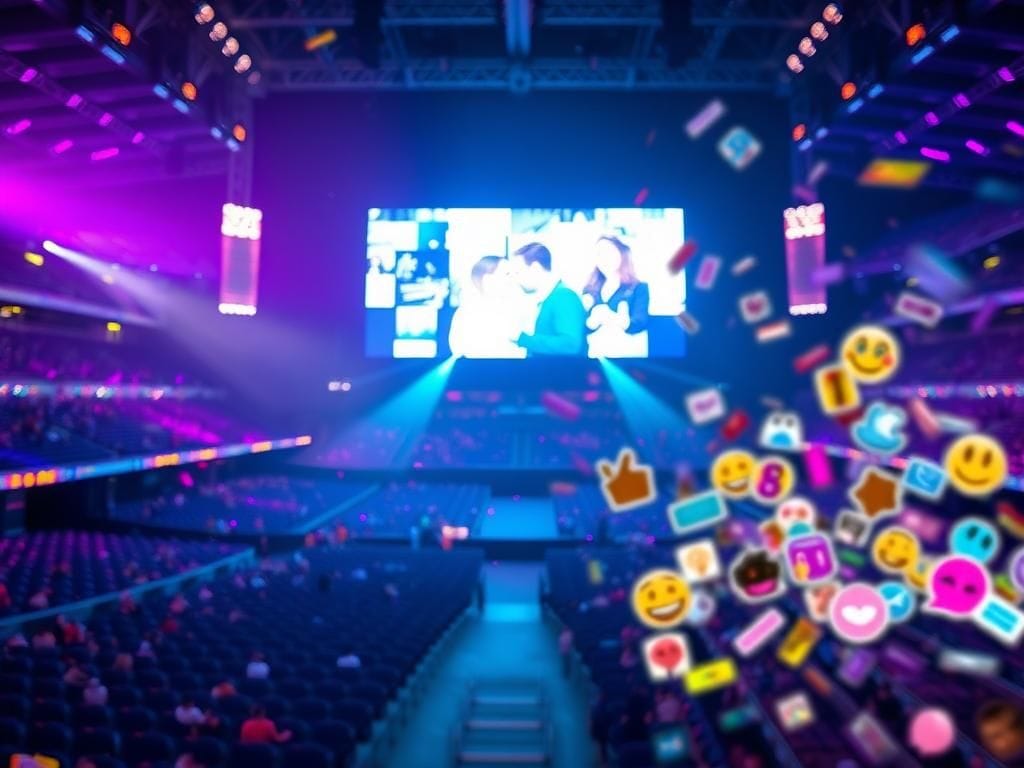 Flick International A vibrant outdoor concert scene featuring an empty stadium and a jumbotron displaying a kiss cam moment