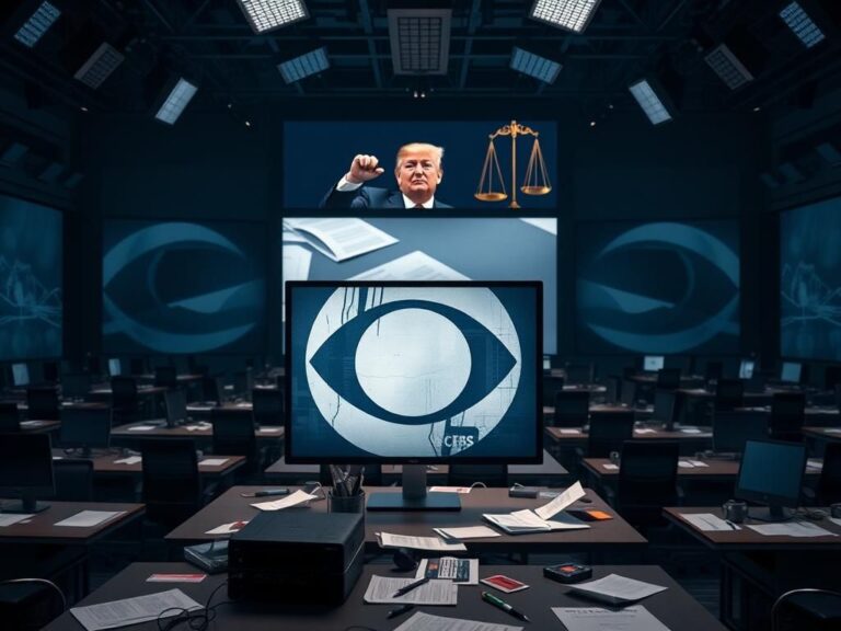 Flick International Depiction of a tense CBS News newsroom with empty desks and dark lighting