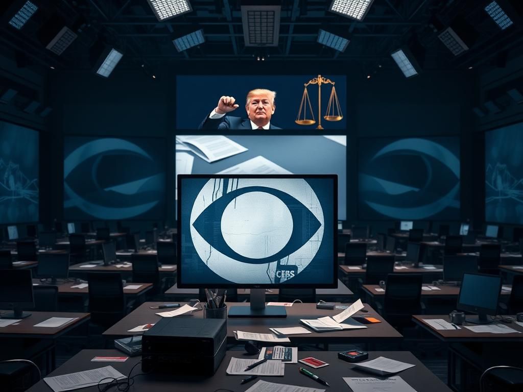 Flick International Depiction of a tense CBS News newsroom with empty desks and dark lighting