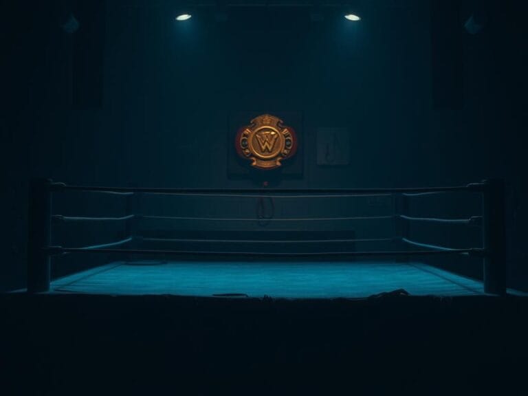 Flick International An empty wrestling ring with frayed ropes symbolizes the toll of physical strain on wrestlers.