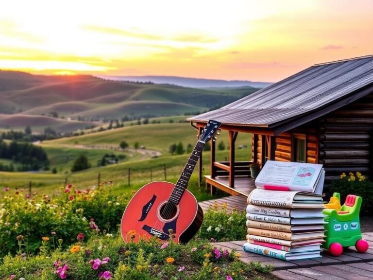 Flick International Serene Nashville landscape at sunset with a rustic farmhouse and wildflower garden