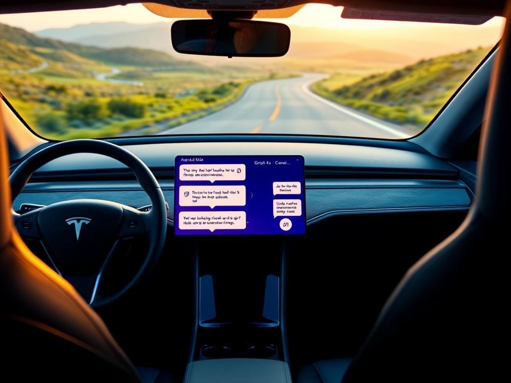 Flick International Sleek Tesla car interior with high-tech dashboard showcasing Grok 4 AI assistant on screen