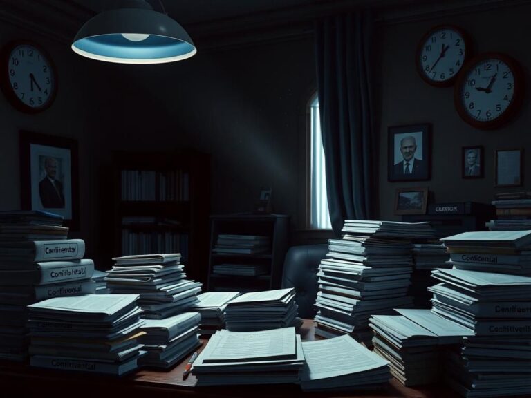 Flick International Dimly lit office scene reflecting Biden's mental decline with stacks of confidential documents