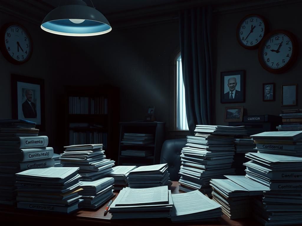 Flick International Dimly lit office scene reflecting Biden's mental decline with stacks of confidential documents
