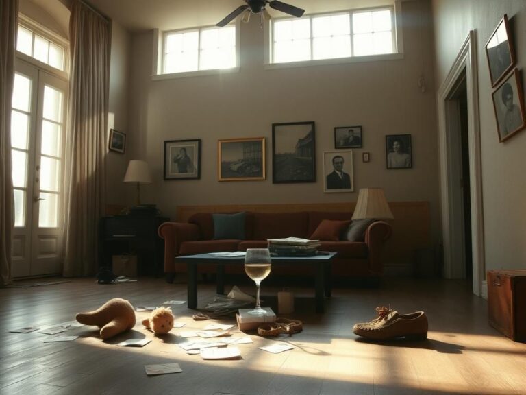 Flick International Empty living room symbolizing loss and nostalgia with sunlight illuminating scattered musical notes.