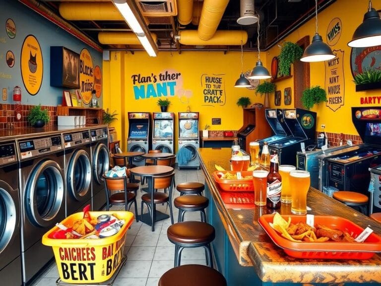 Flick International A vibrant laundromat bar interior featuring modern washing machines and a stylish bar area