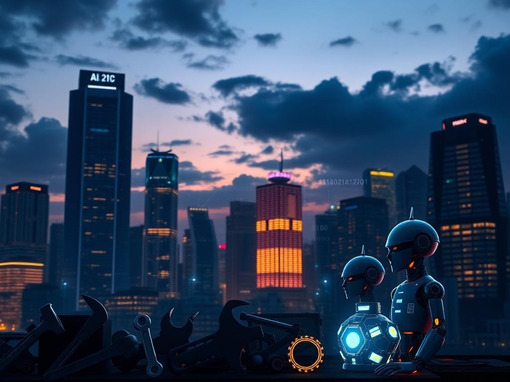 Flick International Futuristic urban landscape featuring skyscrapers and traditional blue-collar tools juxtaposed with advanced AI interfaces