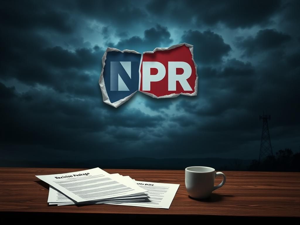 Flick International A torn and frayed NPR logo set against a stormy sky