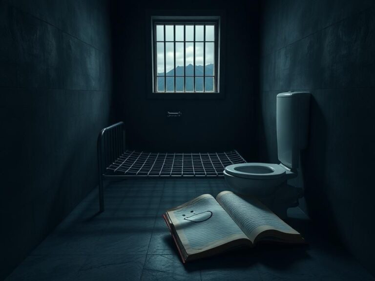 Flick International Dimly lit prison cell with concrete walls and barred window