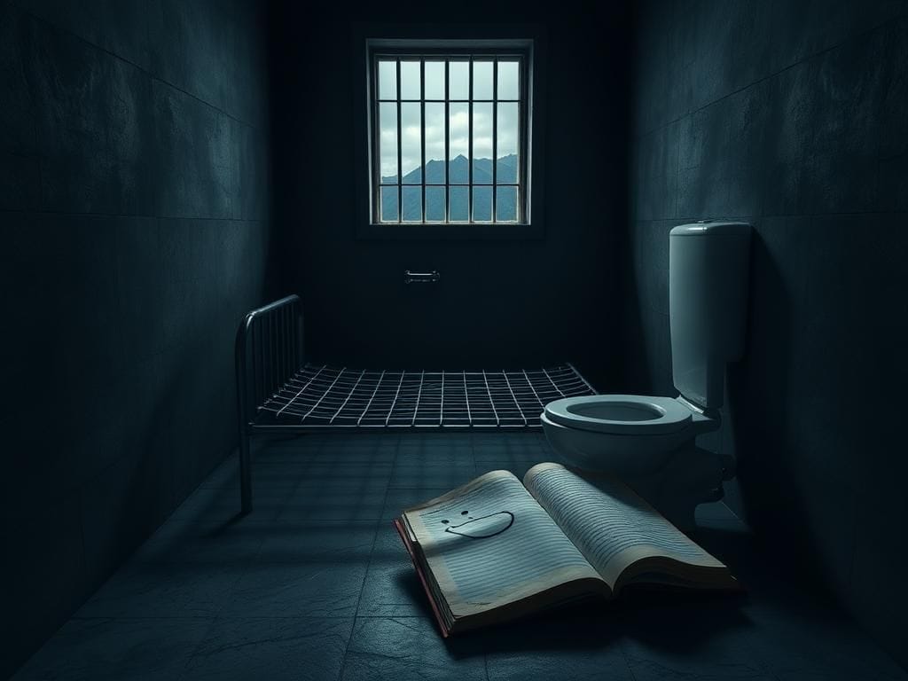 Flick International Dimly lit prison cell with concrete walls and barred window