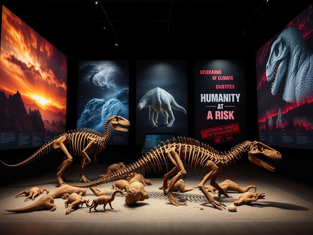 Flick International Dimly lit museum exhibition featuring vibrant dinosaur fossils contrasted with climate change graphics
