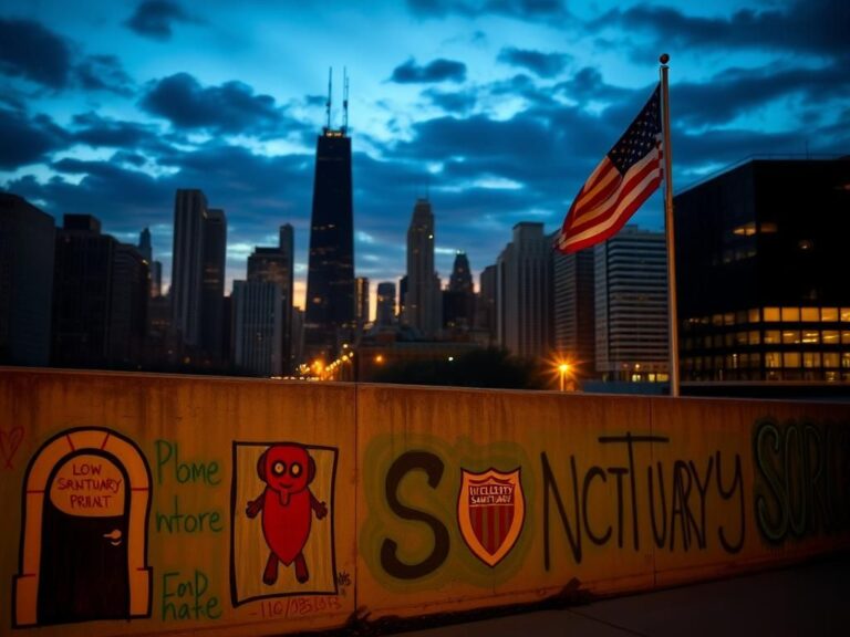 Flick International Cityscape of Chicago at dusk with iconic skyline and murals representing community inclusivity