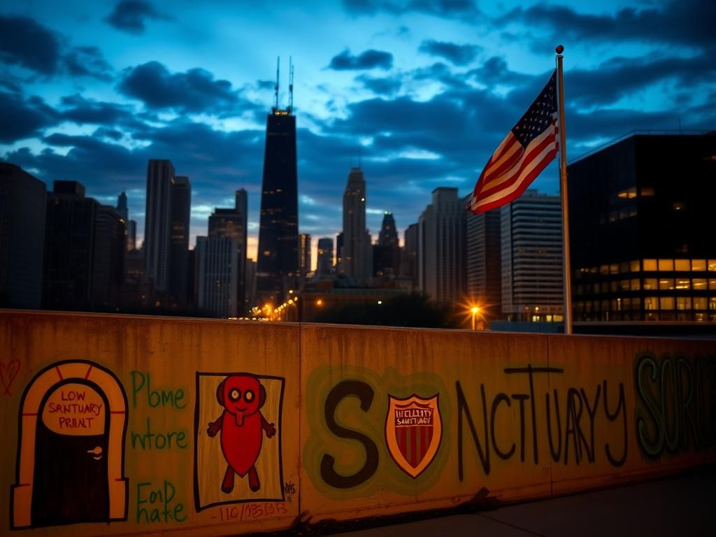 Flick International Cityscape of Chicago at dusk with iconic skyline and murals representing community inclusivity
