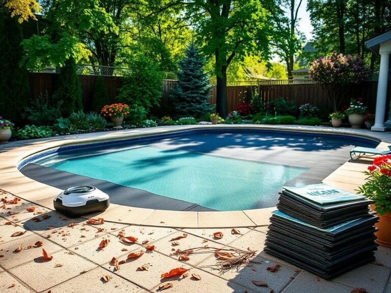 Flick International Serene in-ground swimming pool covered with a durable dark mesh safety cover, surrounded by lush greenery and vibrant flowers