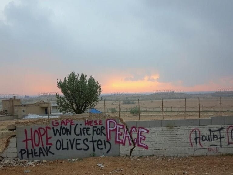 Flick International Crumbling buildings in Gaza with a solitary olive tree representing hope amidst conflict