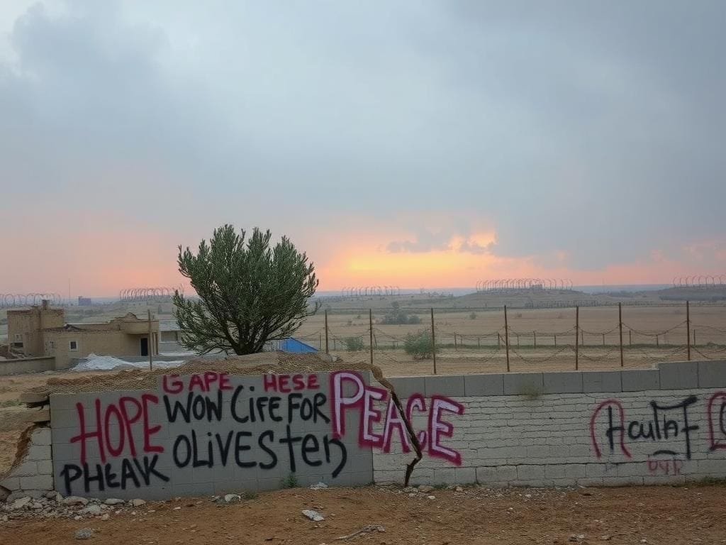 Flick International Crumbling buildings in Gaza with a solitary olive tree representing hope amidst conflict