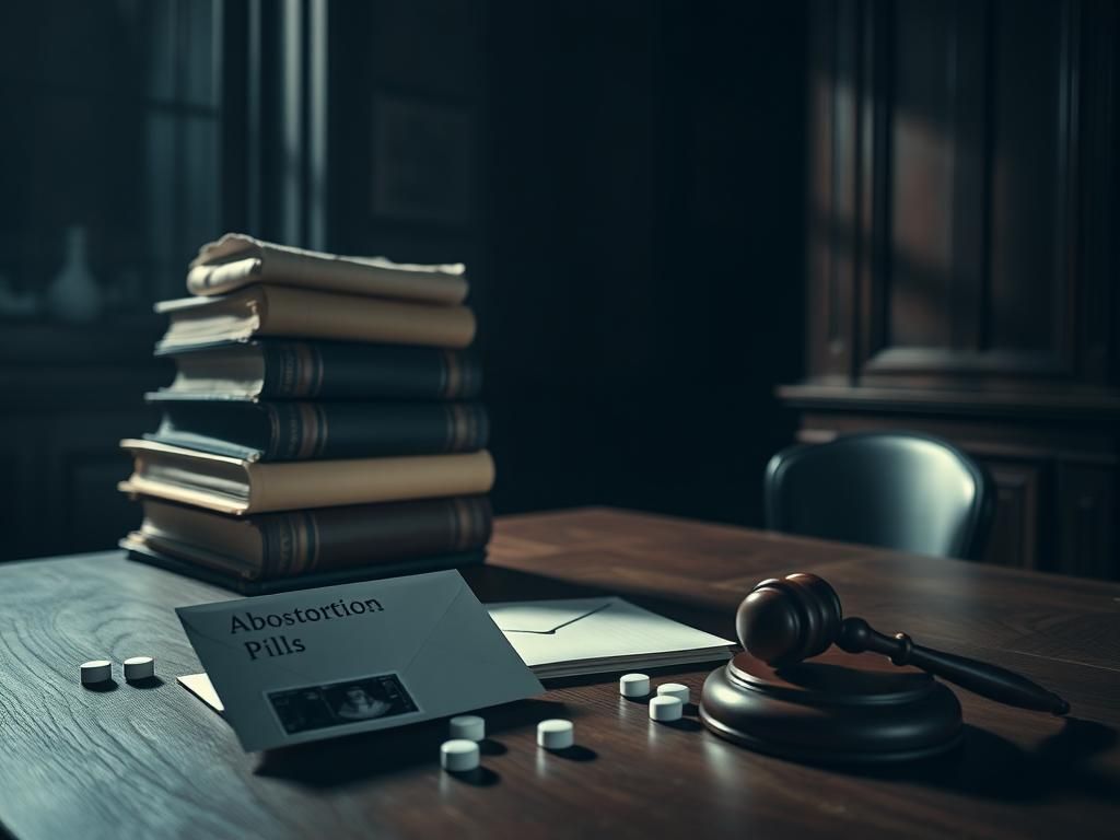 Flick International Dimly lit courtroom scene with vintage legal books and an envelope labeled 'Abortion Pills'