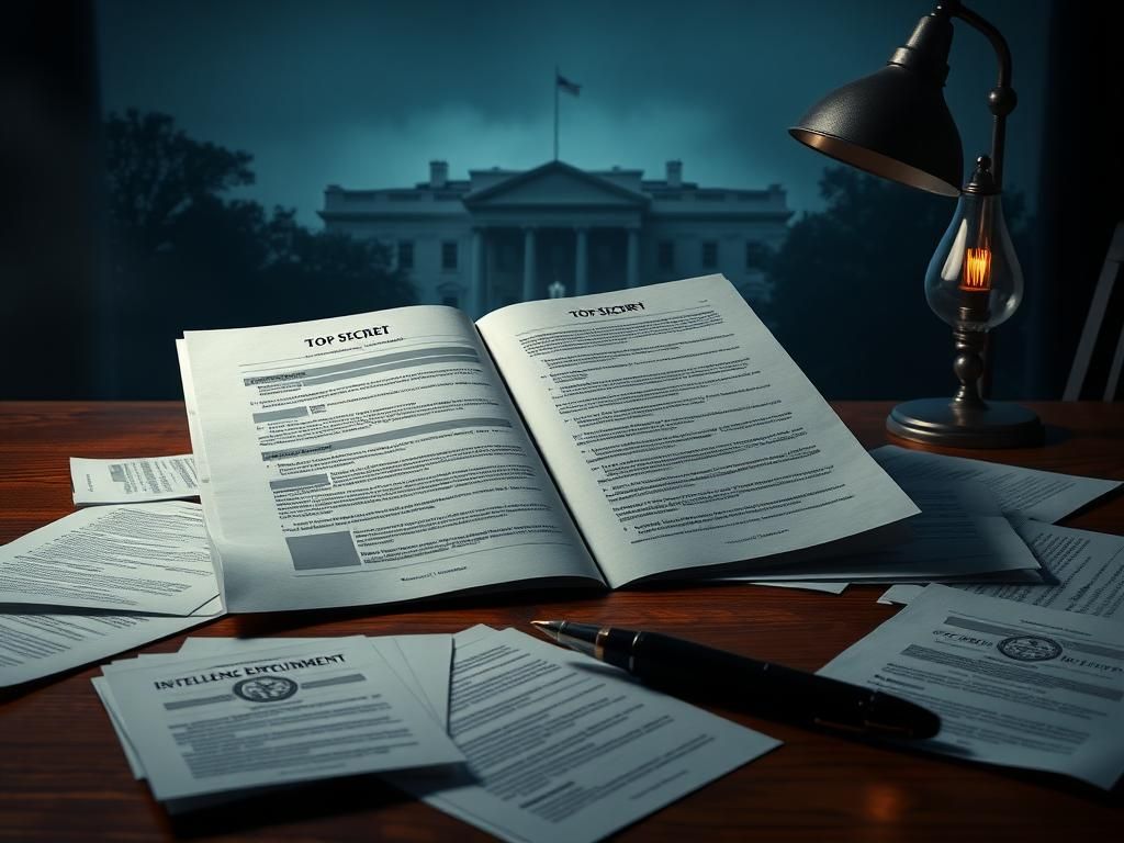 Flick International Top-secret document on an oak desk surrounded by scattered intelligence reports