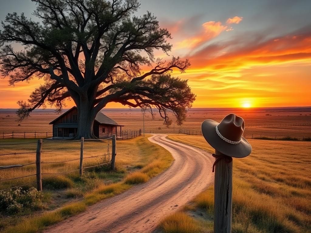 Flick International A serene Oklahoma landscape at sunset capturing Will Rogers' cowboy roots