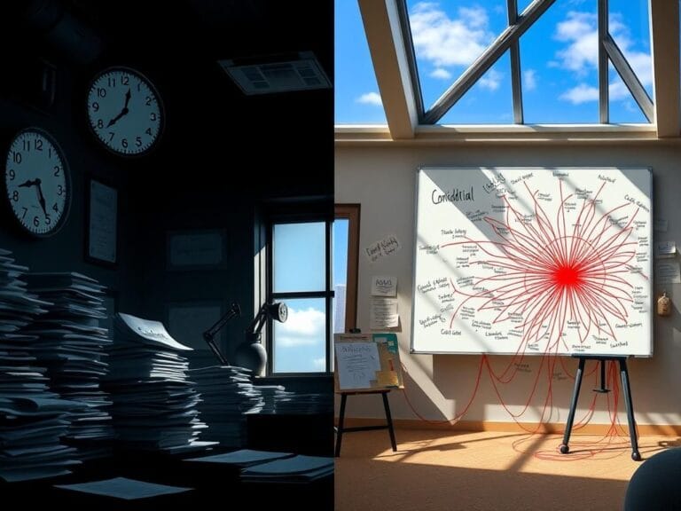 Flick International A split scene showing a dimly lit office representing secrecy and a bright space symbolizing transparency