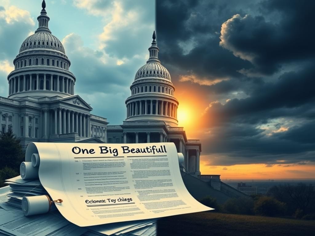 Flick International A split scene featuring the Capitol building and a decorative bill labeled 'One Big Beautiful Bill.'