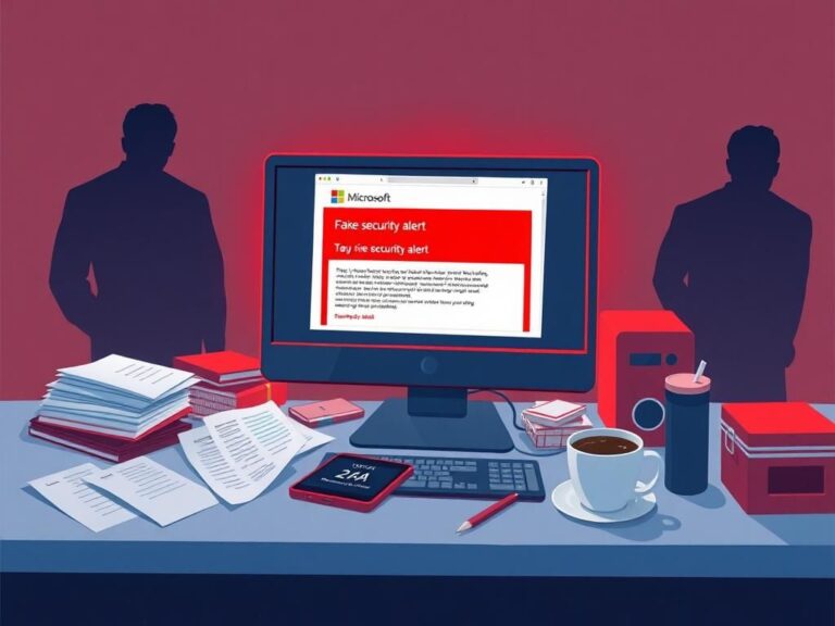 Flick International A cluttered desk with a computer screen displaying a fake Microsoft security alert email.