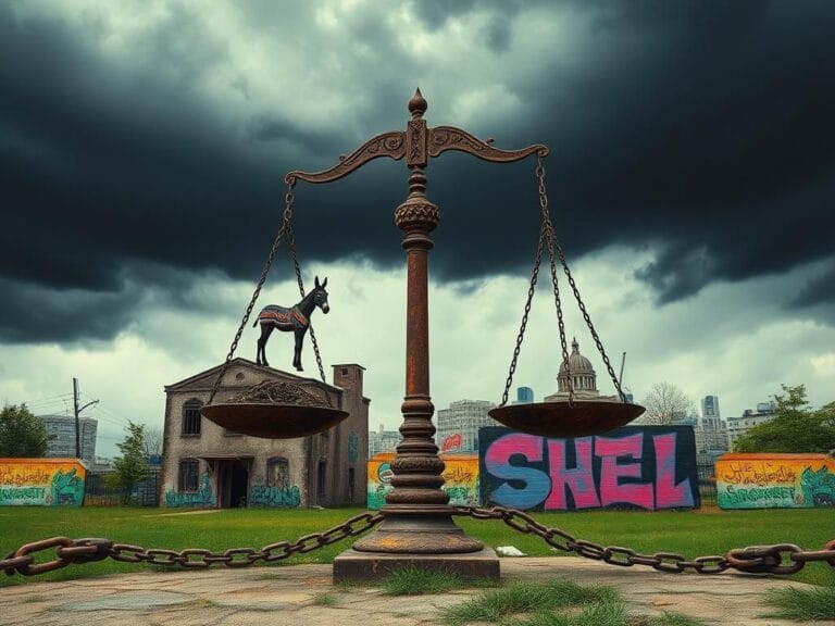 Flick International A large rusted scale balanced between traditional and progressive political symbols, representing the ideological conflict in modern politics