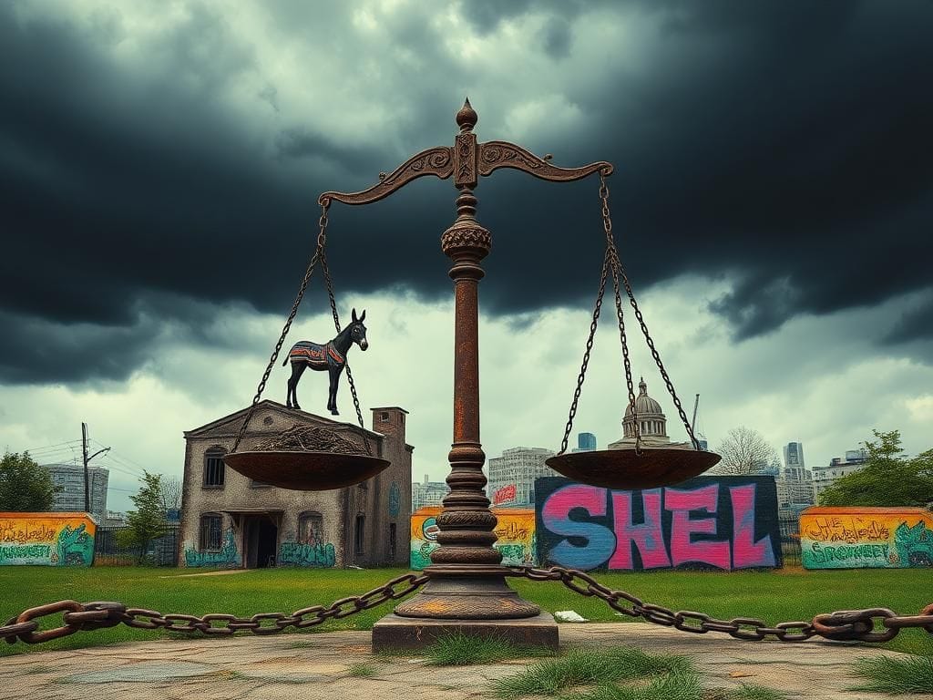 Flick International A large rusted scale balanced between traditional and progressive political symbols, representing the ideological conflict in modern politics