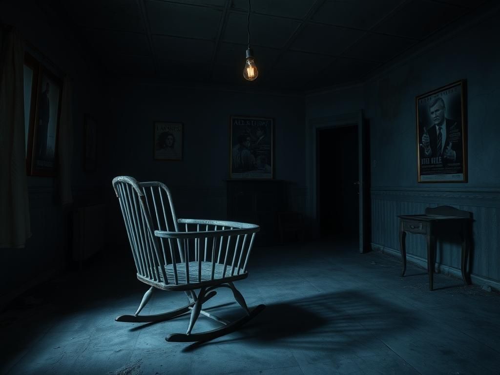 Flick International Dimly lit interior of an abandoned home with a dusty rocking cradle