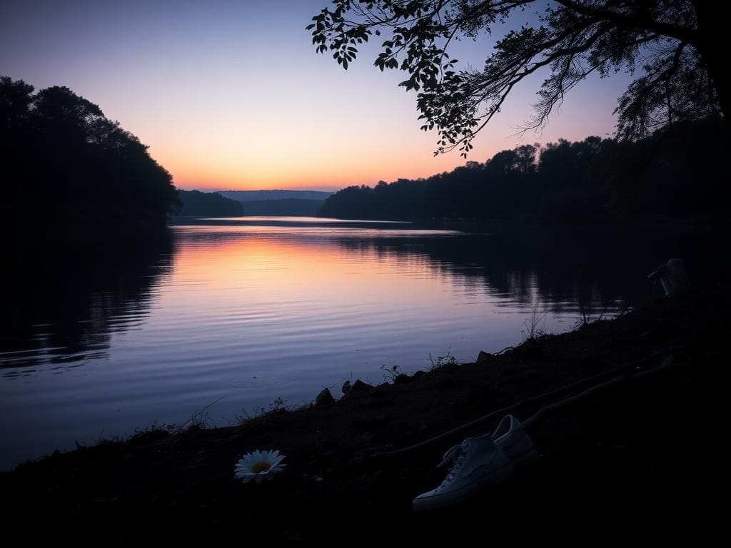 Flick International Serene scene of the Mississippi River at twilight with a still flower and empty shoes on the riverbank symbolizing remembrance and safety concerns.