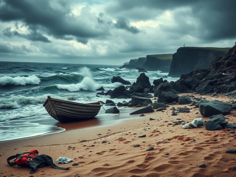 Flick International Rugged European coastline with turbulent waves and an abandoned boat symbolizing immigration struggles