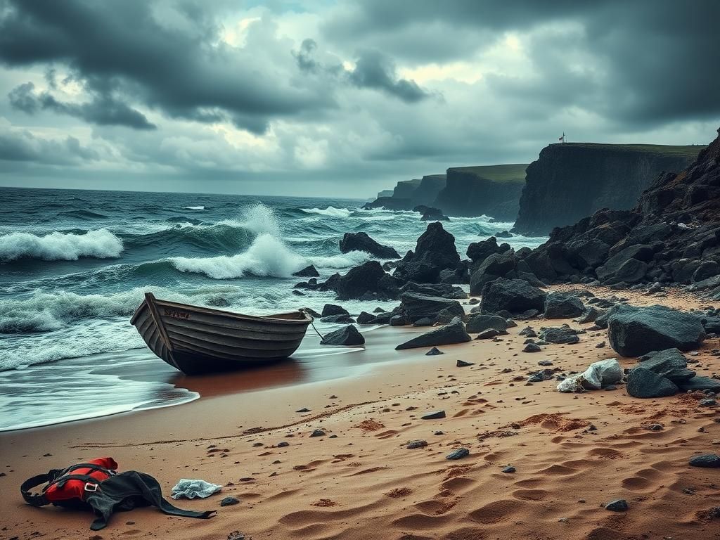 Flick International Rugged European coastline with turbulent waves and an abandoned boat symbolizing immigration struggles