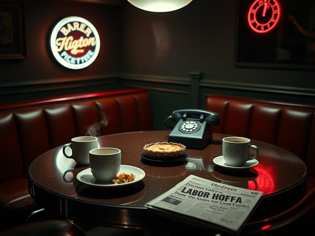 Flick International Vintage diner scene with a polished round table and empty coffee cups, evoking a sense of 1970s mystery surrounding Jimmy Hoffa's disappearance