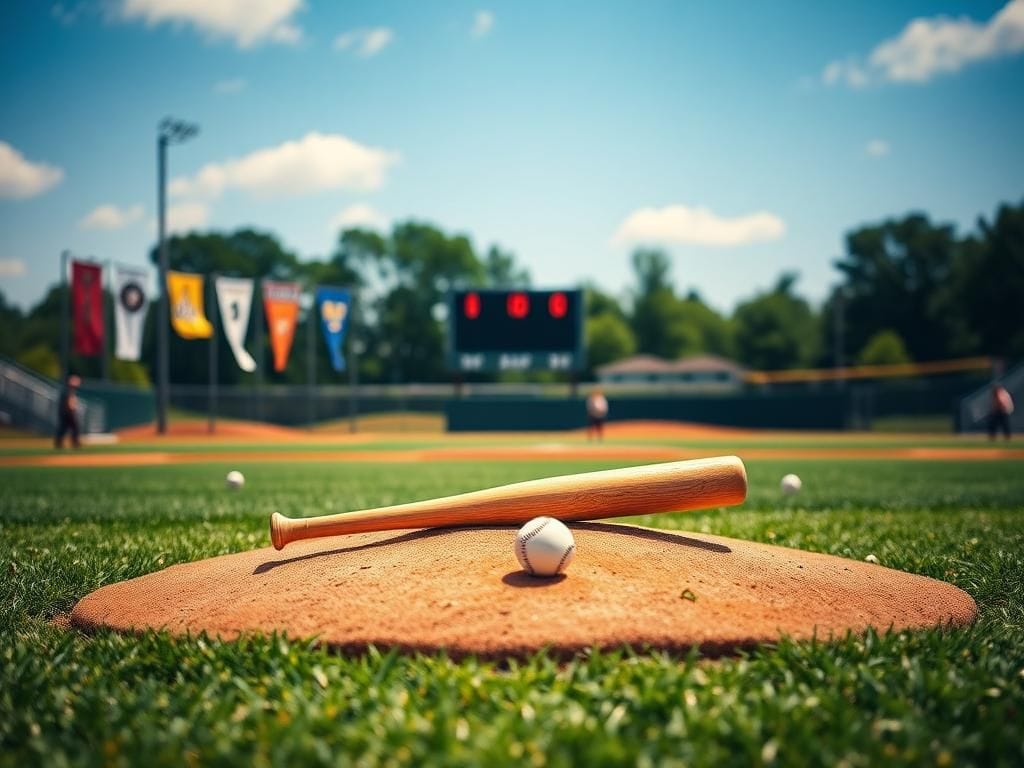 Flick International A flipped baseball bat on the pitcher's mound at a vibrant Little League field