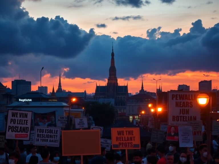 Flick International Dramatic twilight scene of Bangkok depicting political protests with a sea of colorful protest signs in the foreground.