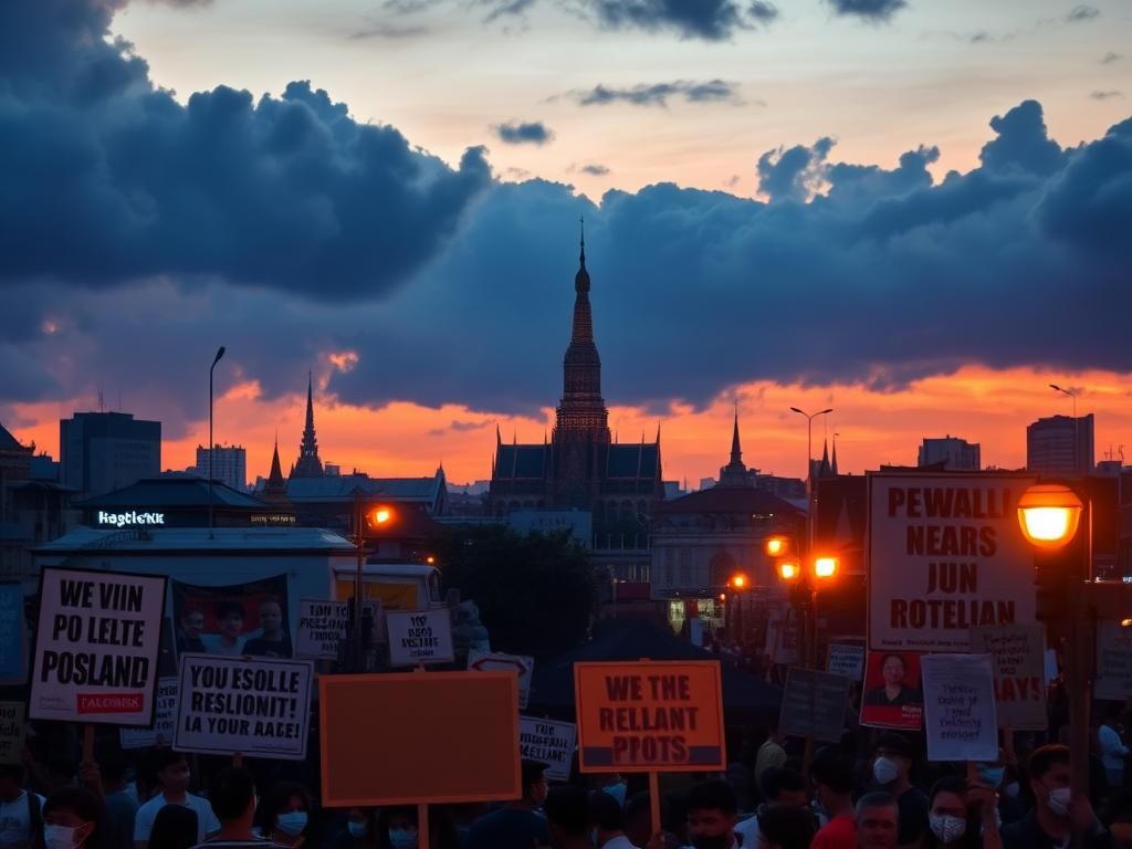 Flick International Dramatic twilight scene of Bangkok depicting political protests with a sea of colorful protest signs in the foreground.