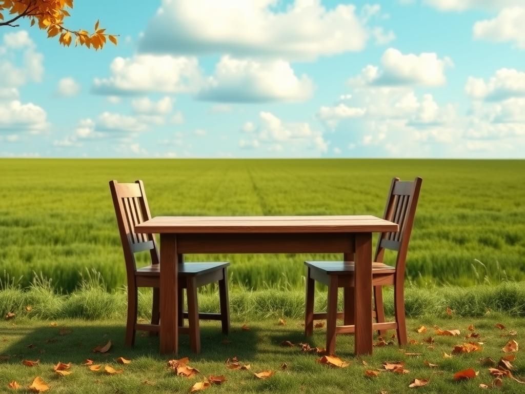 Flick International Rustic wooden table with two empty chairs in a peaceful landscape symbolizing collaboration