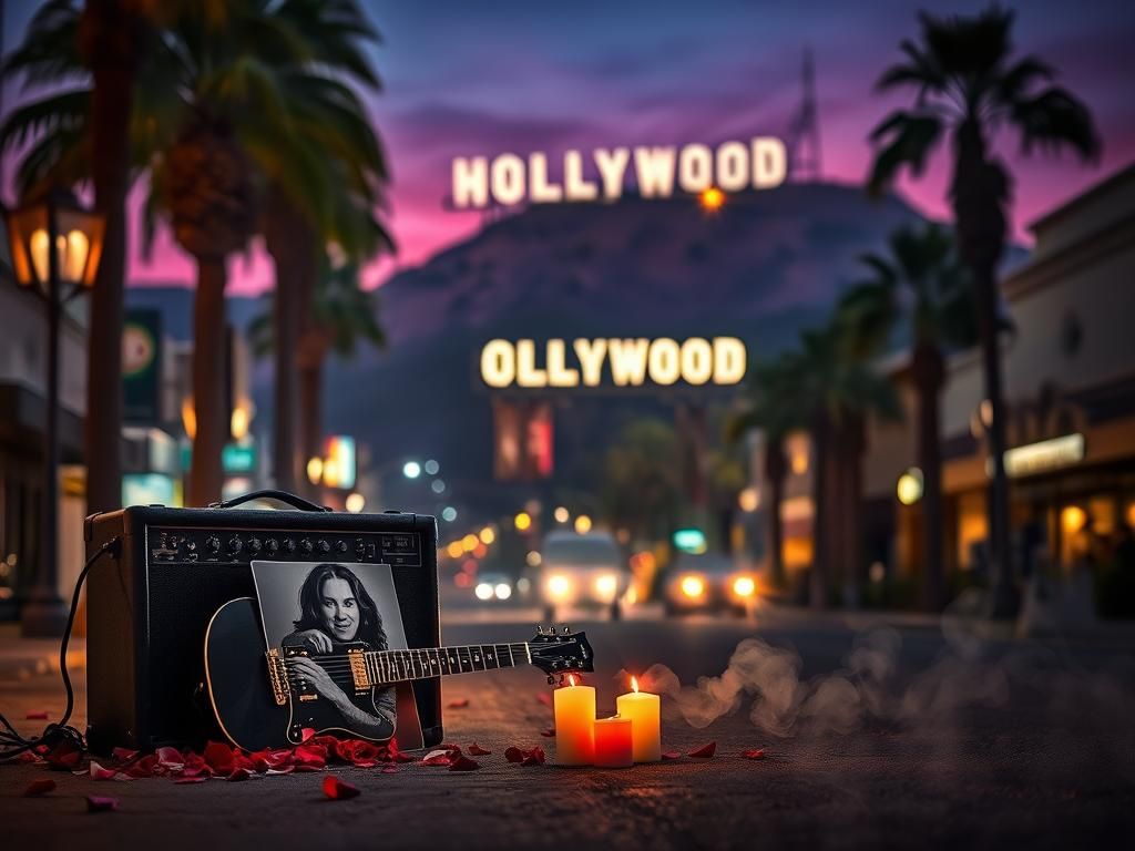 Flick International Dimly lit Hollywood street with palm trees and a classic rock guitar against an amplifier, honoring Ozzy Osbourne.