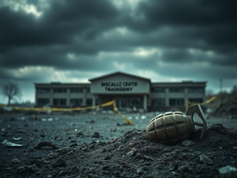 Flick International A damaged training facility at the Biscailuz Center Training Academy after an explosion, with a rusted grenade partially buried in rubble
