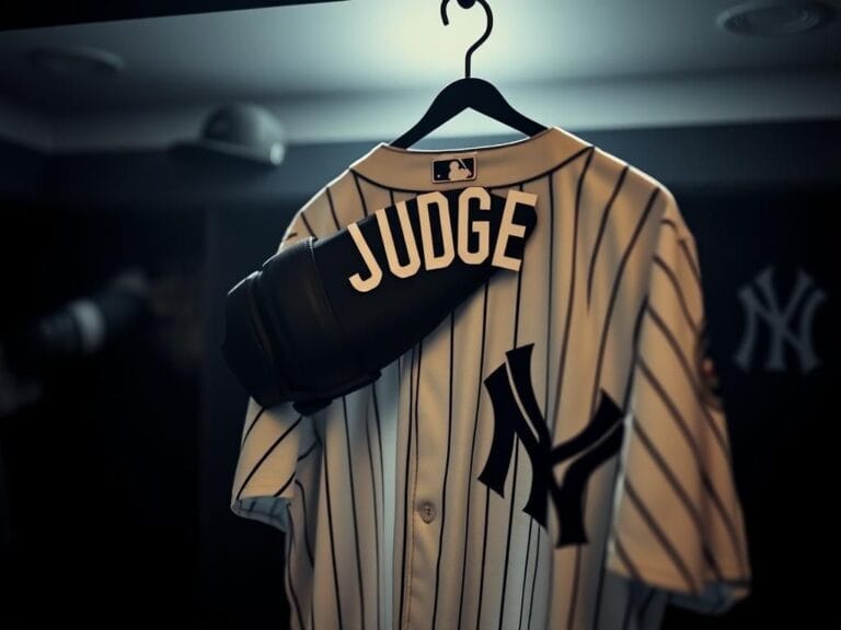 Flick International Close-up of a New York Yankees jersey worn by Aaron Judge hanging in a locker room