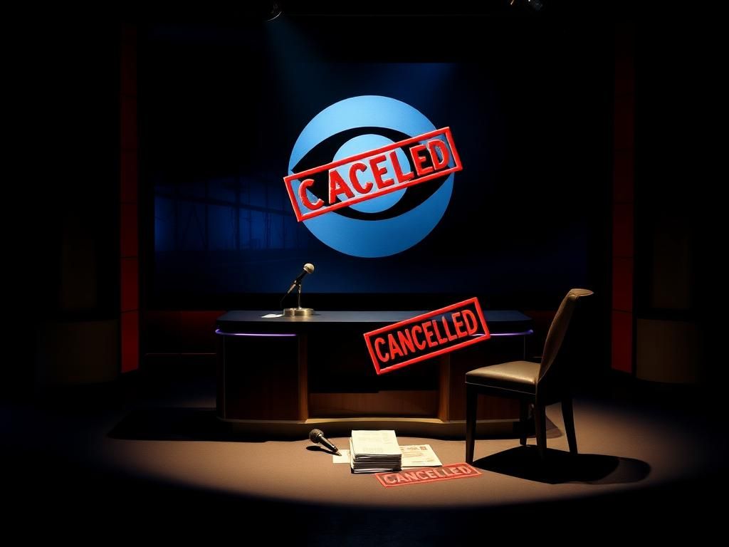 Flick International Darkened television studio set with an empty late-night talk show desk and CBS logo